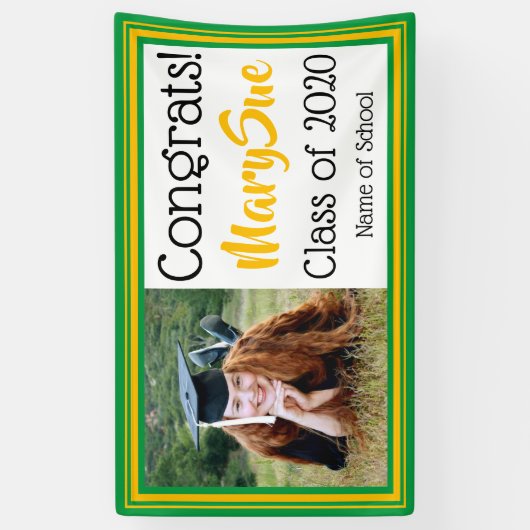 緑と金ゴールドの学校の色の写真 横断幕 (縦)