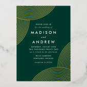 緑と金ゴールドの幾何学的結婚渦巻き 箔招待状 (正面)