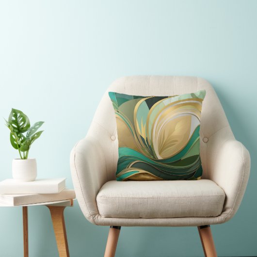 緑と金ゴールドの抽象芸術モダンリーフ クッション (椅子)