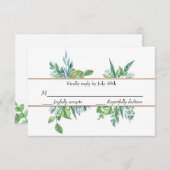 緑と金ゴールドの春の葉の結婚式RSVPカード 出欠カード (正面/裏面)