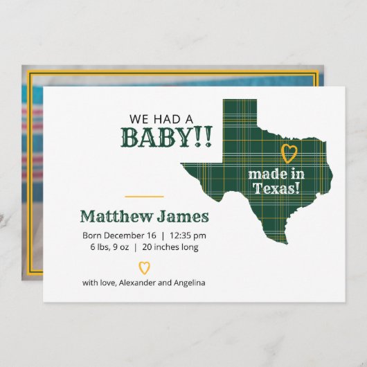 緑と金ゴールドの格子模様がテキサス州で撮影 案内状 (正面/裏面)