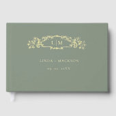 緑と金ゴールドの植物のクレストモノグラム結婚ズ ゲストブック (正面)