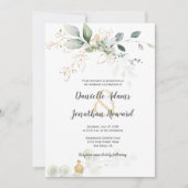 緑と金ゴールドの植物性金ゴールドの輝結婚き 招待状 (正面)