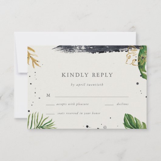 緑と金ゴールドの水の色トロピカルウェディングRSVP 出欠カード (正面)