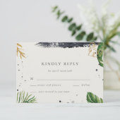 緑と金ゴールドの水の色トロピカルウェディングRSVP 出欠カード (スタンド正面)