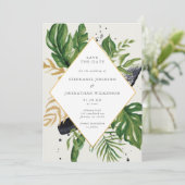 緑と金ゴールドの水の色トロピカル日付を保存 招待状 (スタンド正面)