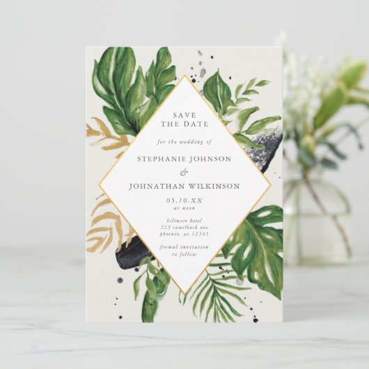 緑と金ゴールドの水の色トロピカル日付を保存 招待状 (スタンド正面)