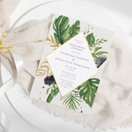 緑と金ゴールドの水の色トロピカル結婚のリハーサル 招待状