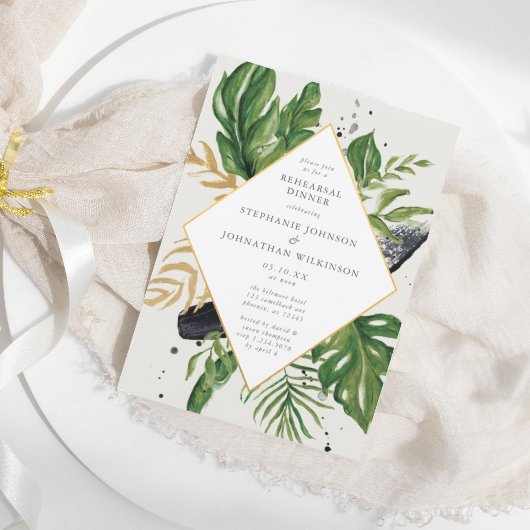 緑と金ゴールドの水の色トロピカル結婚のリハーサル 招待状