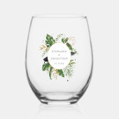 緑と金ゴールドの水の色トロピカル結婚ズ ステムなしワイングラス (正面)