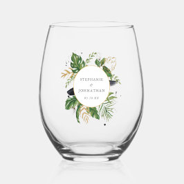 緑と金ゴールドの水の色トロピカル結婚ズ ステムなしワイングラス