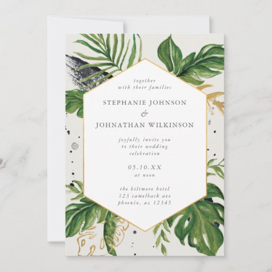 緑と金ゴールドの水の色トロピカル結婚ズ 招待状 (正面)