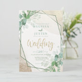 緑と金ゴールドの水色の緑結婚色 招待状 (スタンド正面)