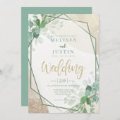 緑と金ゴールドの水色の緑結婚色 招待状 (正面/裏面)