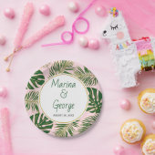 緑と金ゴールドの熱帯離れ赤面ピンク結婚ズ ペーパープレート (パーティー)