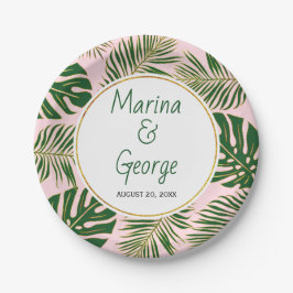 緑と金ゴールドの熱帯離れ赤面ピンク結婚ズ ペーパープレート