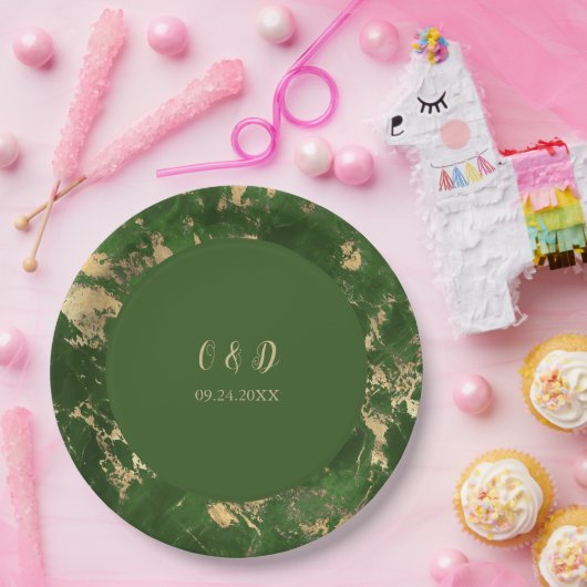 緑と金ゴールドの結婚大理石 ペーパープレート (パーティー)