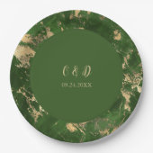 緑と金ゴールドの結婚大理石 ペーパープレート (正面)