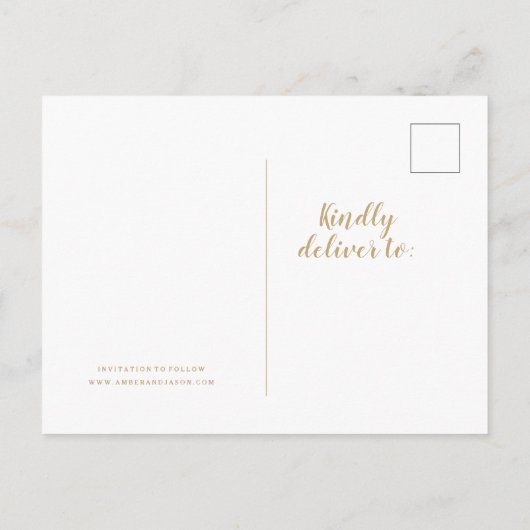 緑と金ゴールドの結婚式の日付を保存 案内ポストカード (裏面)