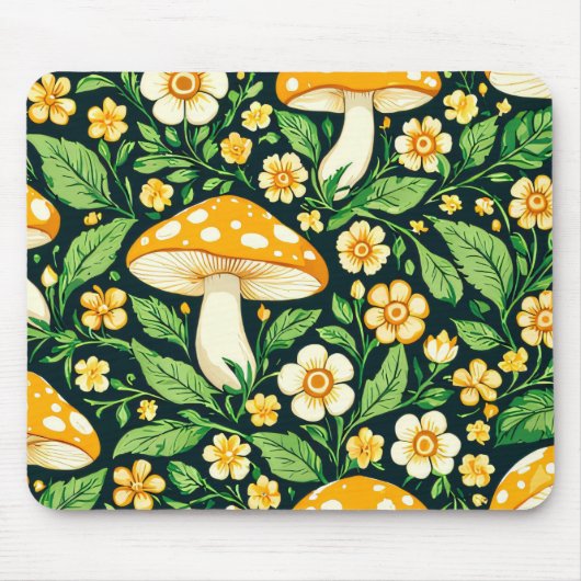 緑と金ゴールドの花とキノコ マウスパッド (正面)