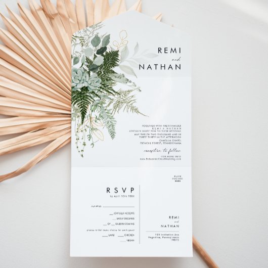 緑と金ゴールドの葉のシールと送信 オールインワン招待状