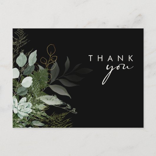 緑と金ゴールドの葉のスクリプトブラックありがとう ポストカード (正面)