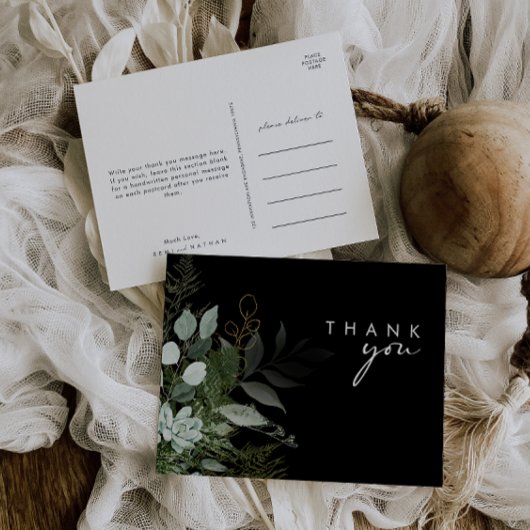 緑と金ゴールドの葉のスクリプトブラックありがとう ポストカード