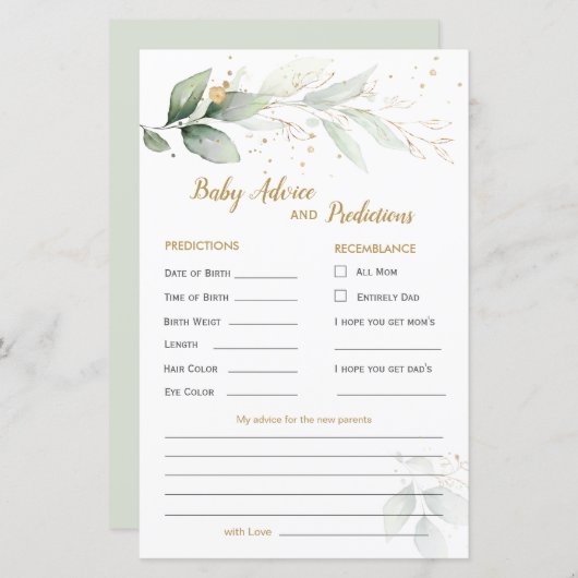 緑と金ゴールドの葉のベビー予測とアドバイスカード (正面/裏面)