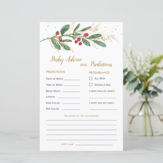 緑と金ゴールドの葉のベビー予測とアドバイスカード (スタンド正面)