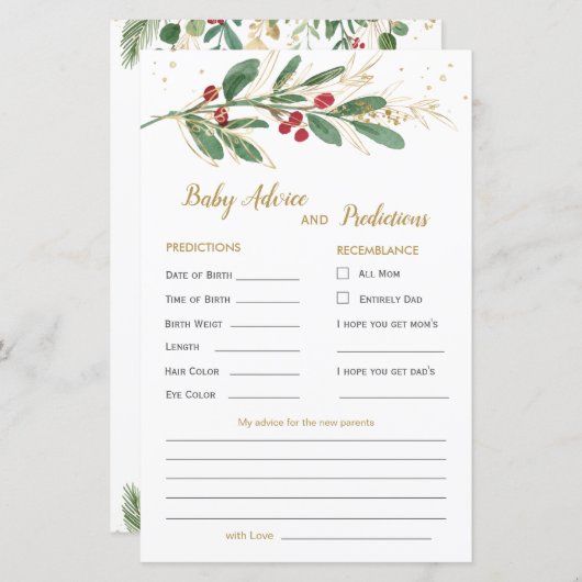 緑と金ゴールドの葉のベビー予測とアドバイスカード (正面/裏面)