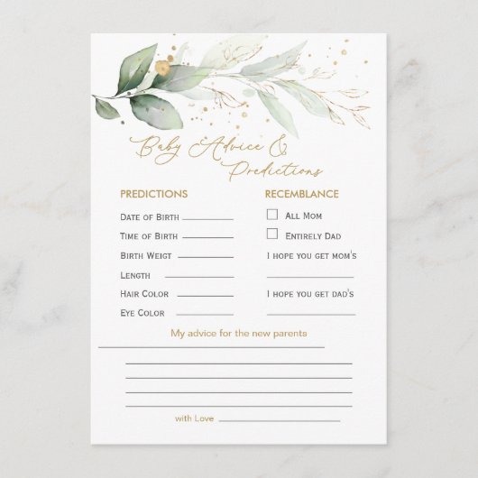 緑と金ゴールドの葉のベビー予測とアドバイス エンクロージャーカード (正面)