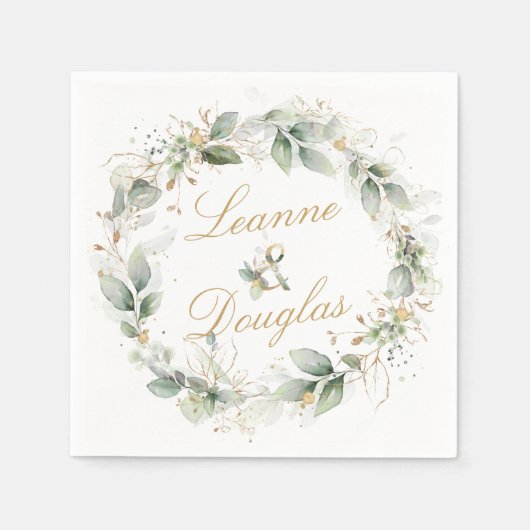 緑と金ゴールドの葉のリース結婚の スタンダードカクテルナプキン (正面)