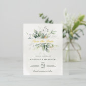 緑と金ゴールドの葉の保存日実在付 箔招待状ポストカード (立ち正面)