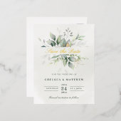 緑と金ゴールドの葉の保存日実在付 箔招待状ポストカード (正面/裏面)