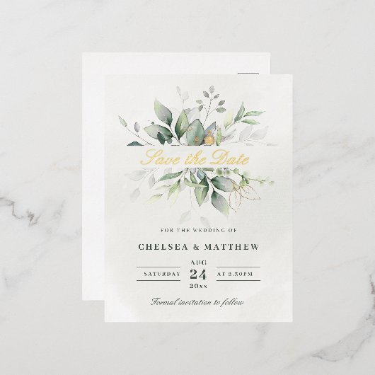 緑と金ゴールドの葉の保存日実在付 箔招待状ポストカード (正面/裏面)