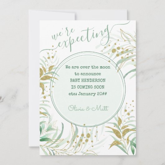 緑と金ゴールドの葉の妊娠を期待していた 案内状 (正面)