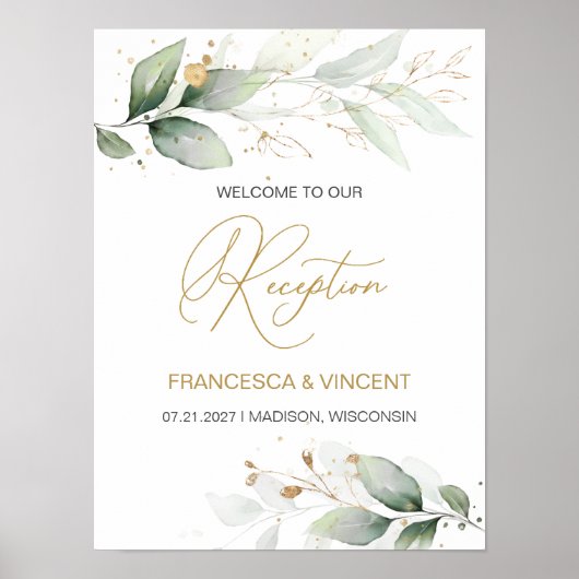 緑と金ゴールドの葉の披露宴ウェルカムサイン ポスター (正面)