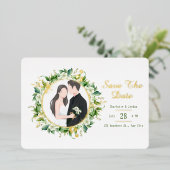 緑と金ゴールドの葉の水平日付を保存 箔招待状 (立ち正面)