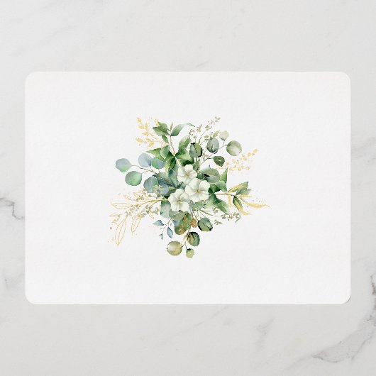 緑と金ゴールドの葉の水平日付を保存 箔招待状 (裏面)