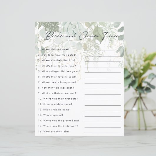 緑と金ゴールドの葉の花嫁と新郎トリビアゲーム (スタンド正面)