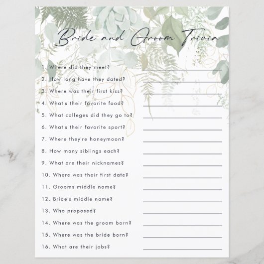 緑と金ゴールドの葉の花嫁と新郎トリビアゲーム (正面)