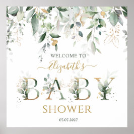緑と金ゴールドの葉ウェルカムベビーシャワーのサイン ポスター