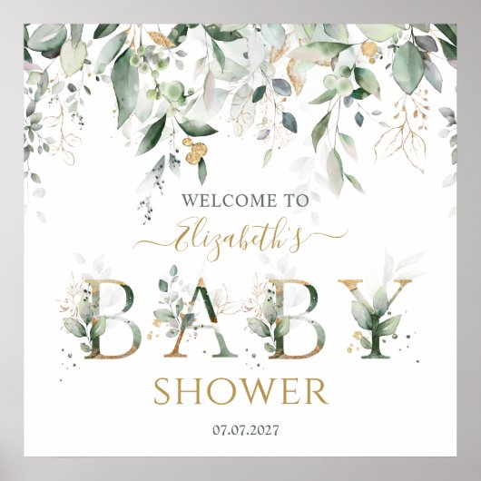 緑と金ゴールドの葉ウェルカムベビーシャワーのサイン ポスター (正面)