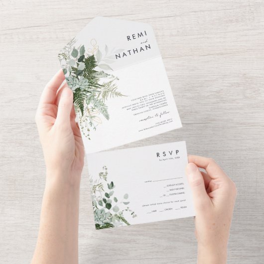 緑と金ゴールドの葉シンプルのシールと送信 オールインワン招待状 (貼ってはがせる)