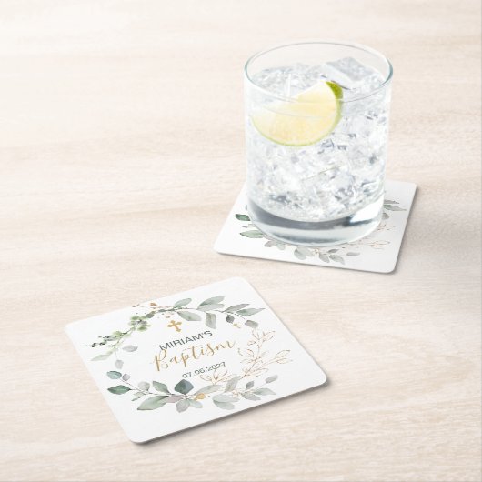 緑と金ゴールドの葉バプテスマ紙コースター スクエアペーパーコースター (インサイチュ)