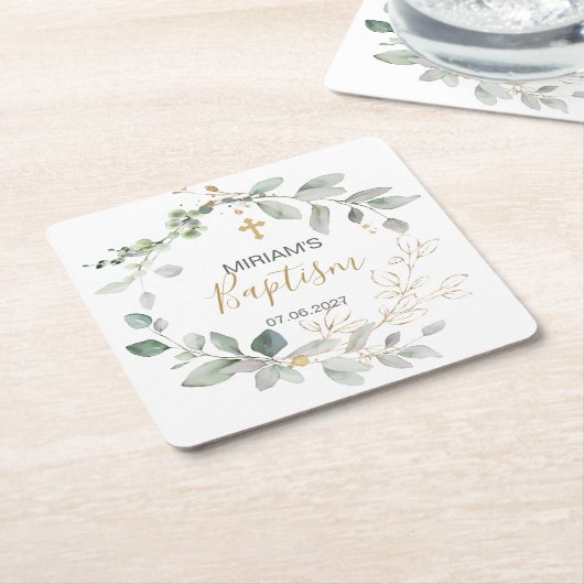 緑と金ゴールドの葉バプテスマ紙コースター スクエアペーパーコースター (アングル)