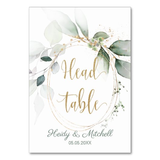 緑と金ゴールドの葉、ヘッドテーブル、 テーブルナンバー (正面)