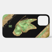 緑と金ゴールドの蝶モノグラムの Case-Mate iPhoneケース (裏面 (横))