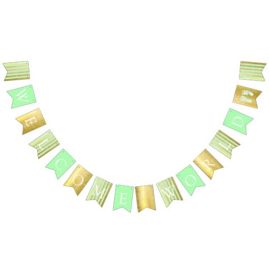 緑と金ゴールドの赤ちゃんシャワーようこそ世界のフットプリント バンティングフラッグ (全)
