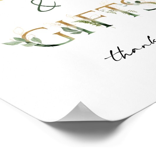 緑と金ゴールドの赤ちゃんシャワーカードとギフトサイン ポスター (角)